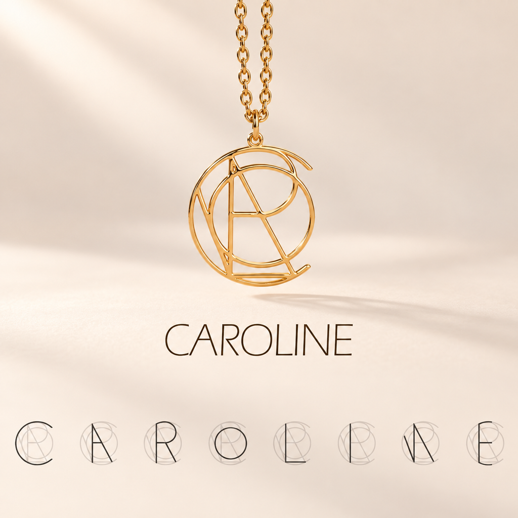 Personalized geometric name necklace in gold, Caroline design