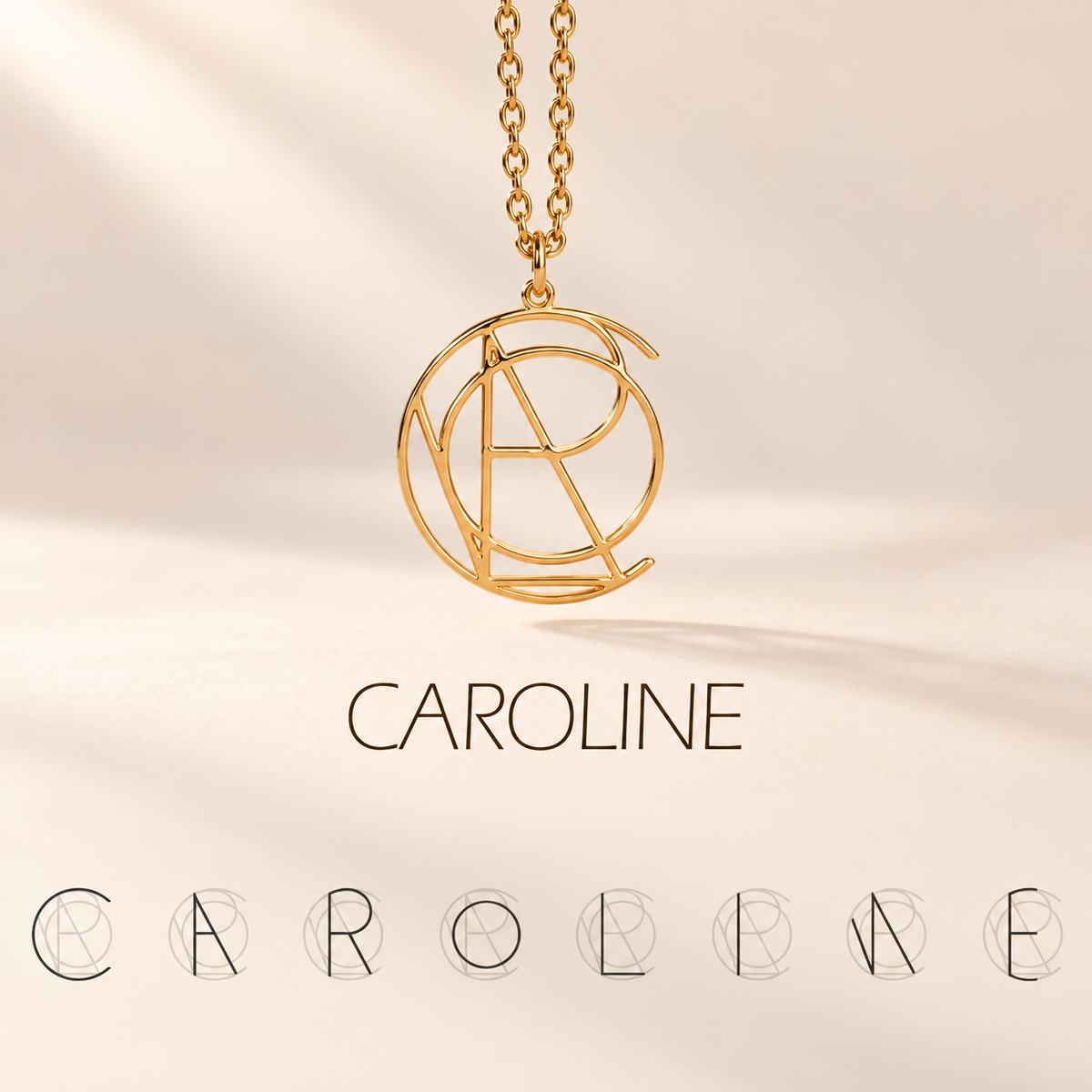 Personalized geometric name necklace in gold, Caroline design