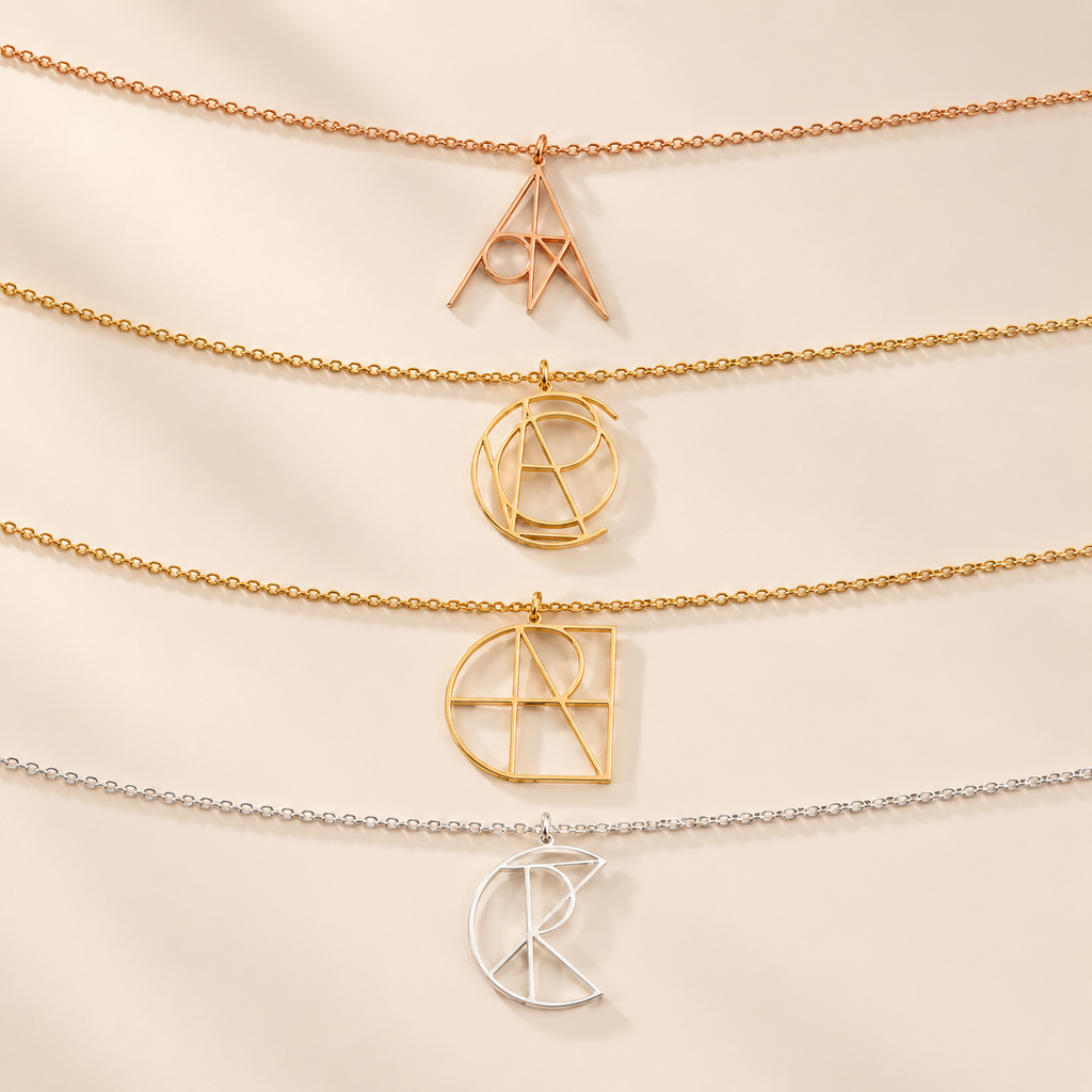 Personalized geometric monogram necklace collection in gold, rose gold and silver