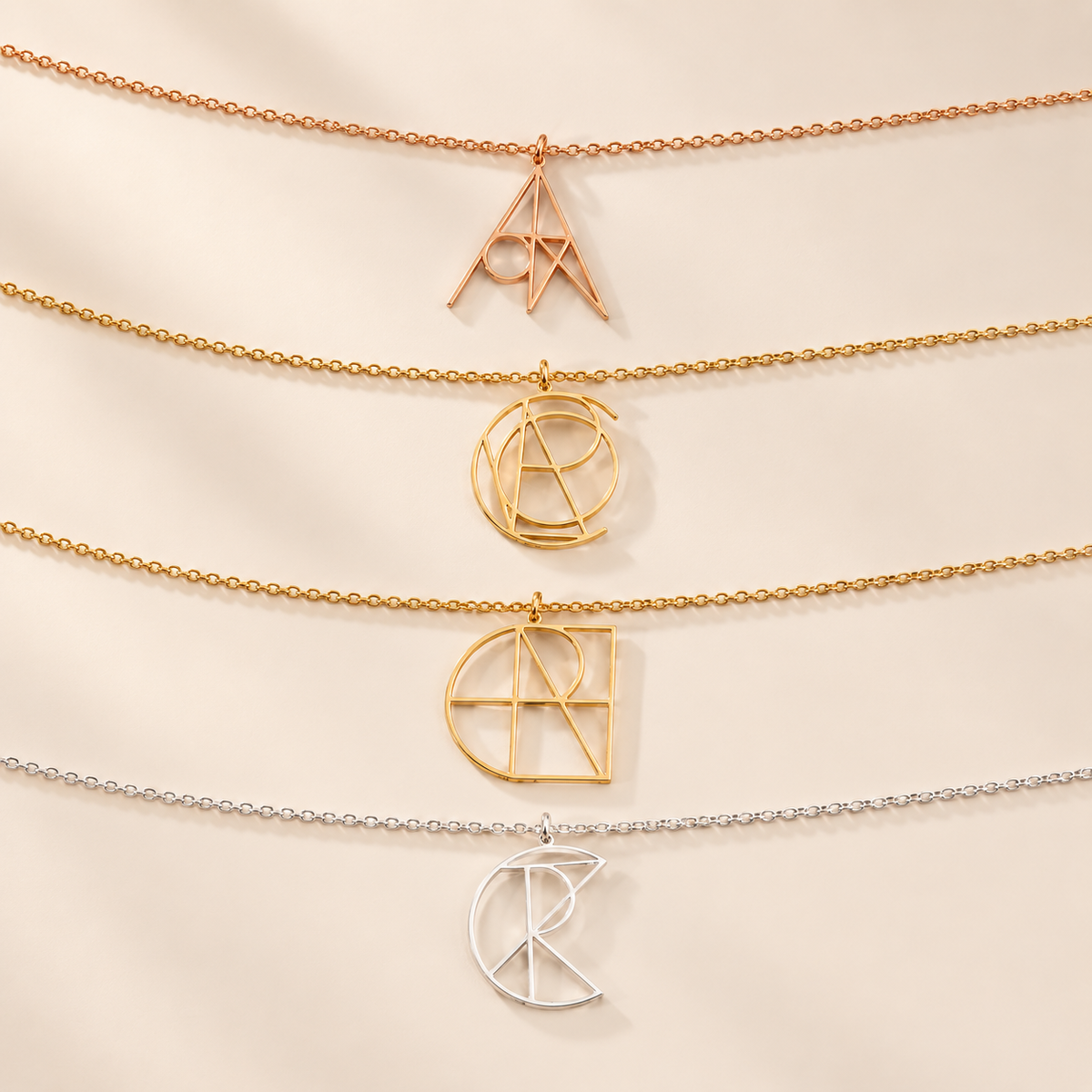 Personalized geometric monogram necklace collection in gold, rose gold and silver