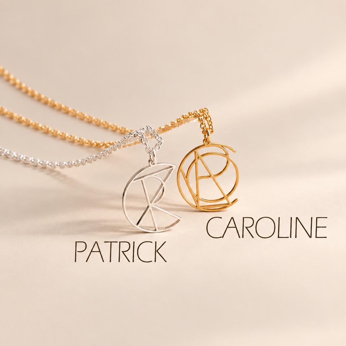 Personalized geometric name necklaces in silver and gold