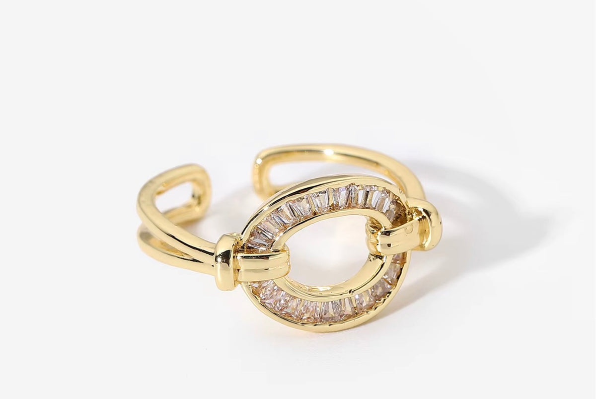 Gold Halo Link Ring with clear baguette zircon stones