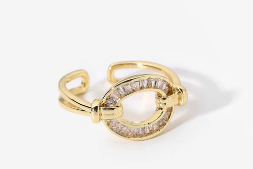 Gold Halo Link Ring with clear baguette zircon stones
