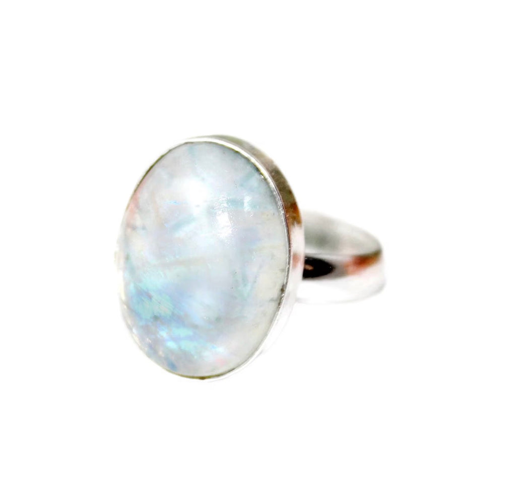 Silver oval rainbow moonstone ring