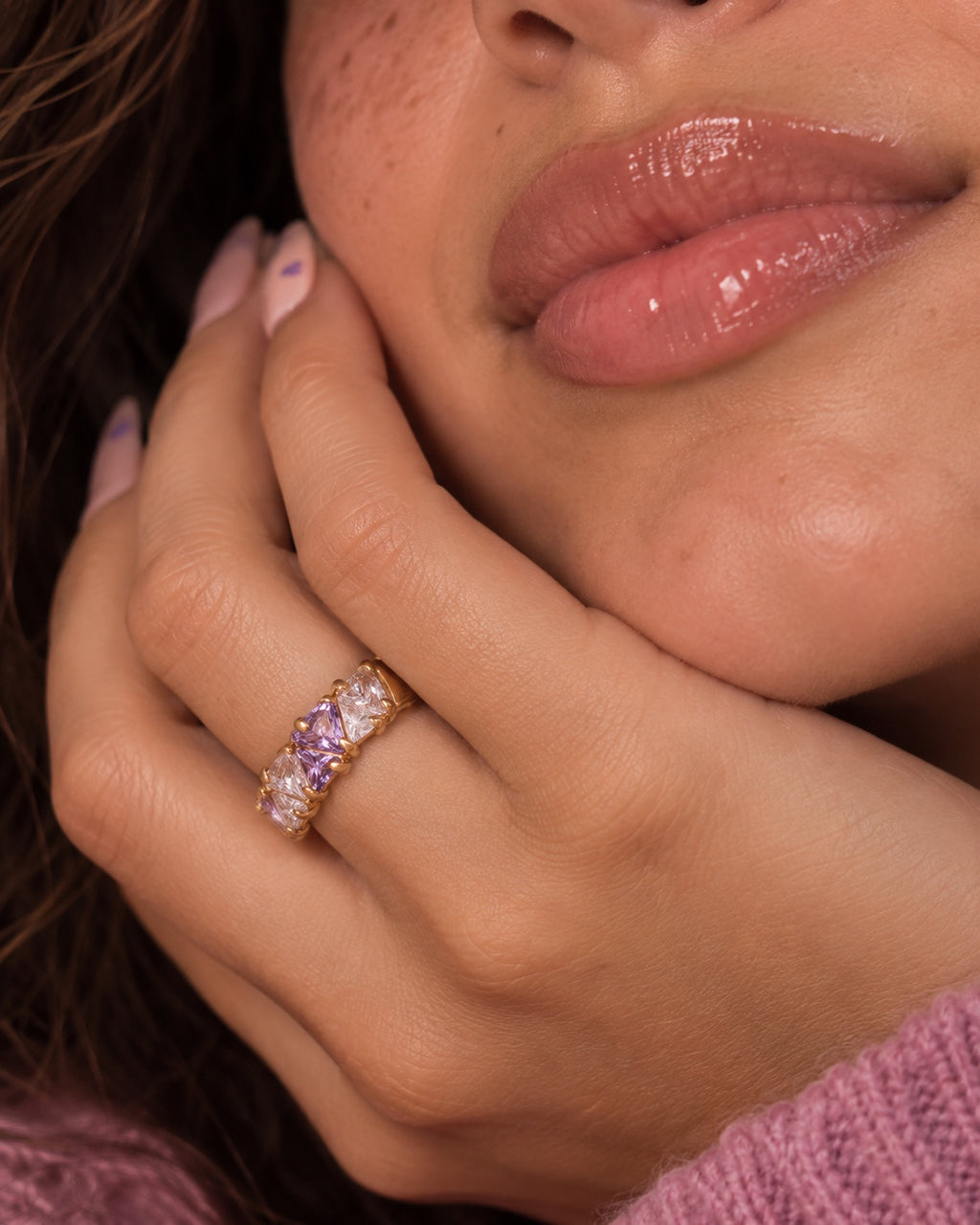 The Violette Crystal Band Ring worn in macro beauty close-up